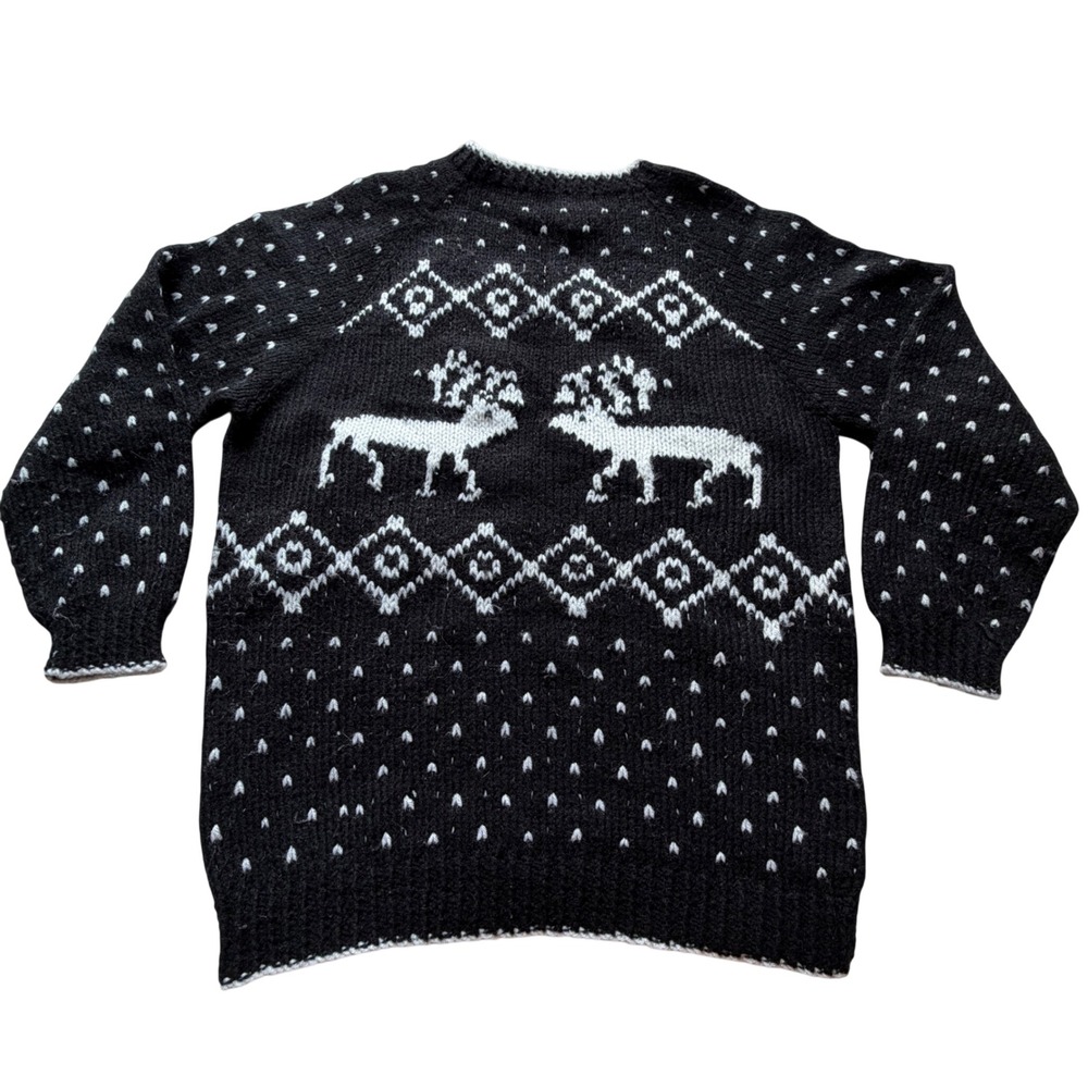 Hand Knit Reindeer Nordic Sweater Black Homemade Crew Neck Pullover Bespoke